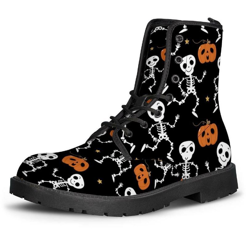 Heren Lederen Zachte Zool Halloween Wacky Afdrukken Antislip Ronde Neus Casual Martin Laarzen