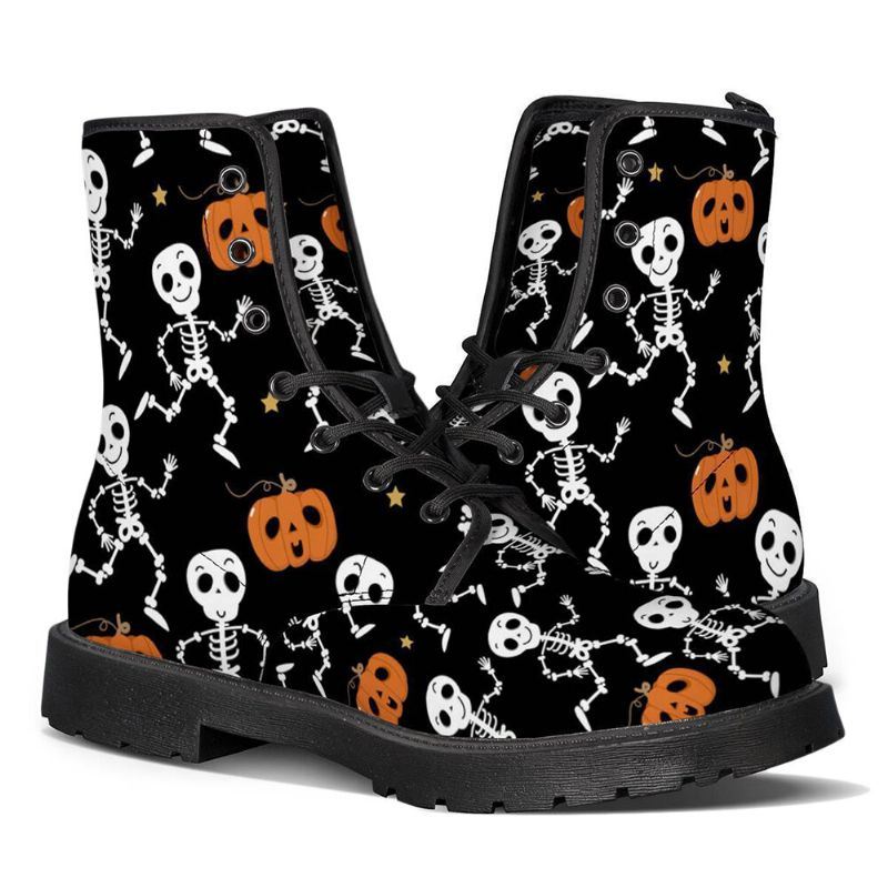 Heren Lederen Zachte Zool Halloween Wacky Afdrukken Antislip Ronde Neus Casual Martin Laarzen