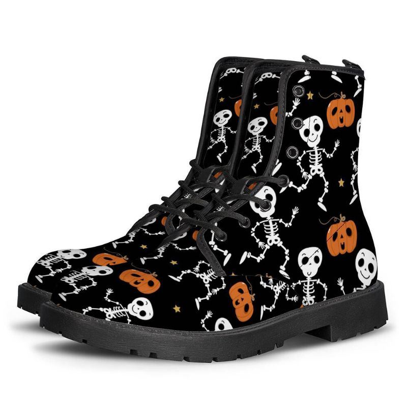 Heren Lederen Zachte Zool Halloween Wacky Afdrukken Antislip Ronde Neus Casual Martin Laarzen