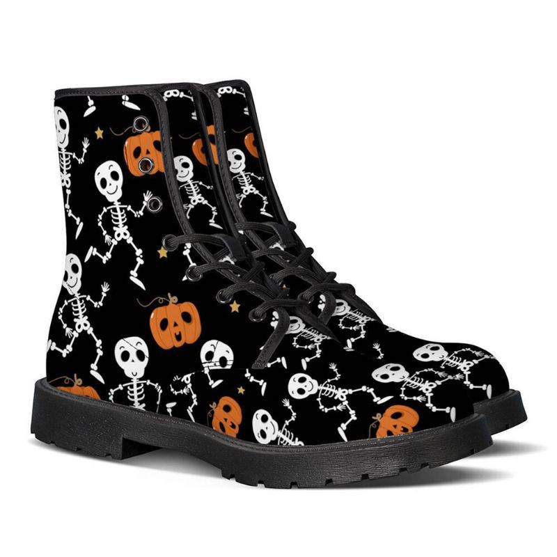 Heren Lederen Zachte Zool Halloween Wacky Afdrukken Antislip Ronde Neus Casual Martin Laarzen