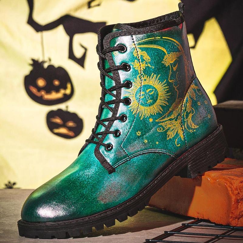 Heren Leer Halloween Grappige Afdrukken Zachte Zool Ronde Neus Veterschoenen Casual Platform Laarzen