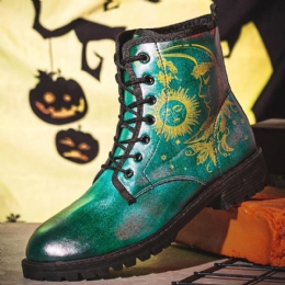 Heren Leer Halloween Grappige Afdrukken Zachte Zool Ronde Neus Veterschoenen Casual Platform Laarzen