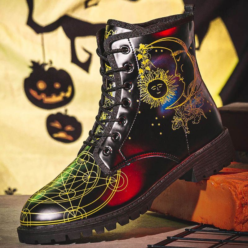 Heren Leer Halloween Grappige Afdrukken Zachte Zool Ronde Neus Veterschoenen Casual Platform Laarzen