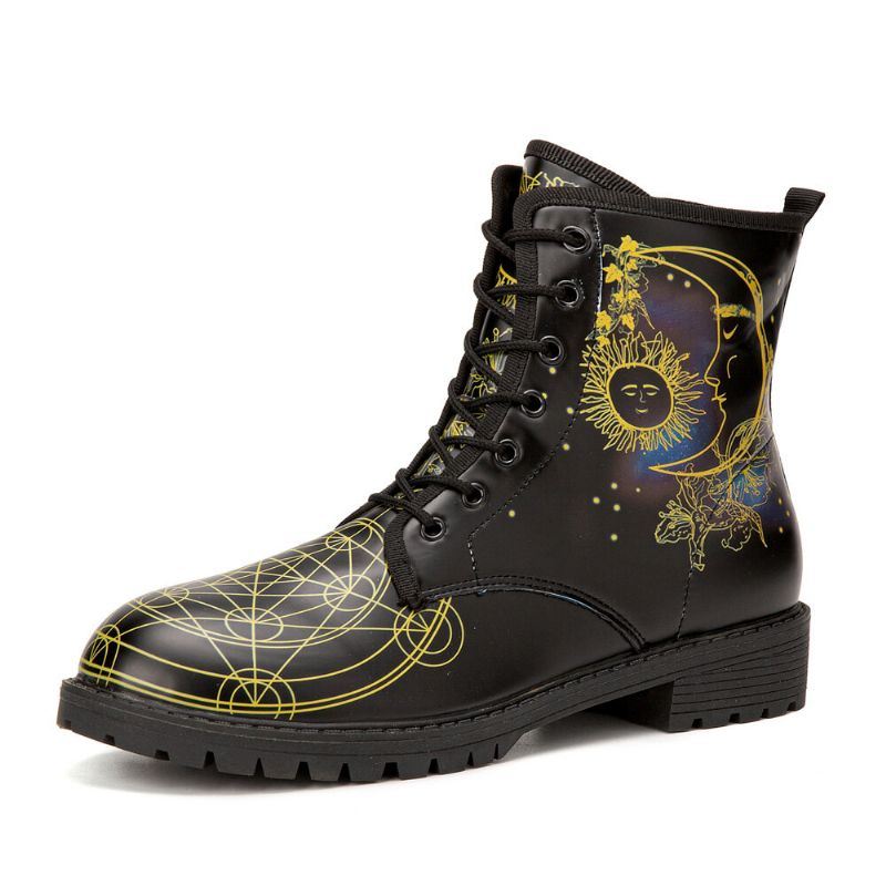 Heren Leer Halloween Grappige Afdrukken Zachte Zool Ronde Neus Veterschoenen Casual Platform Laarzen