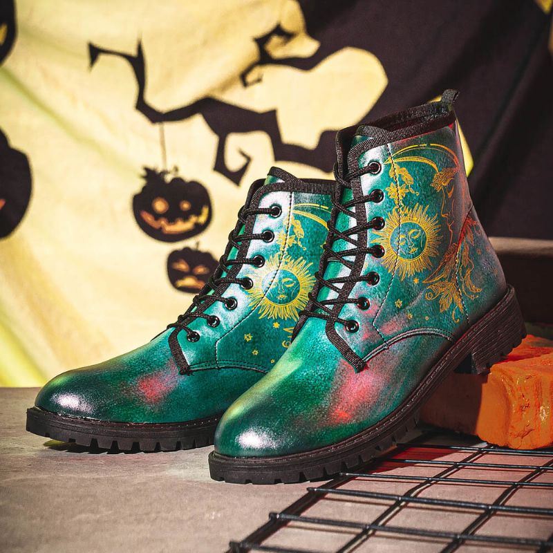 Heren Leer Halloween Grappige Afdrukken Zachte Zool Ronde Neus Veterschoenen Casual Platform Laarzen