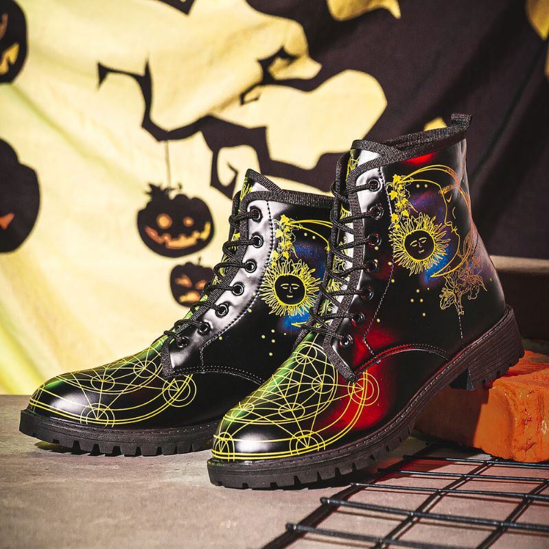 Heren Leer Halloween Grappige Afdrukken Zachte Zool Ronde Neus Veterschoenen Casual Platform Laarzen