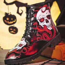 Heren Leer Halloween Zachte Zool Ronde Neus Platform Schedel Afdrukken Comfortabele Casual Laarzen