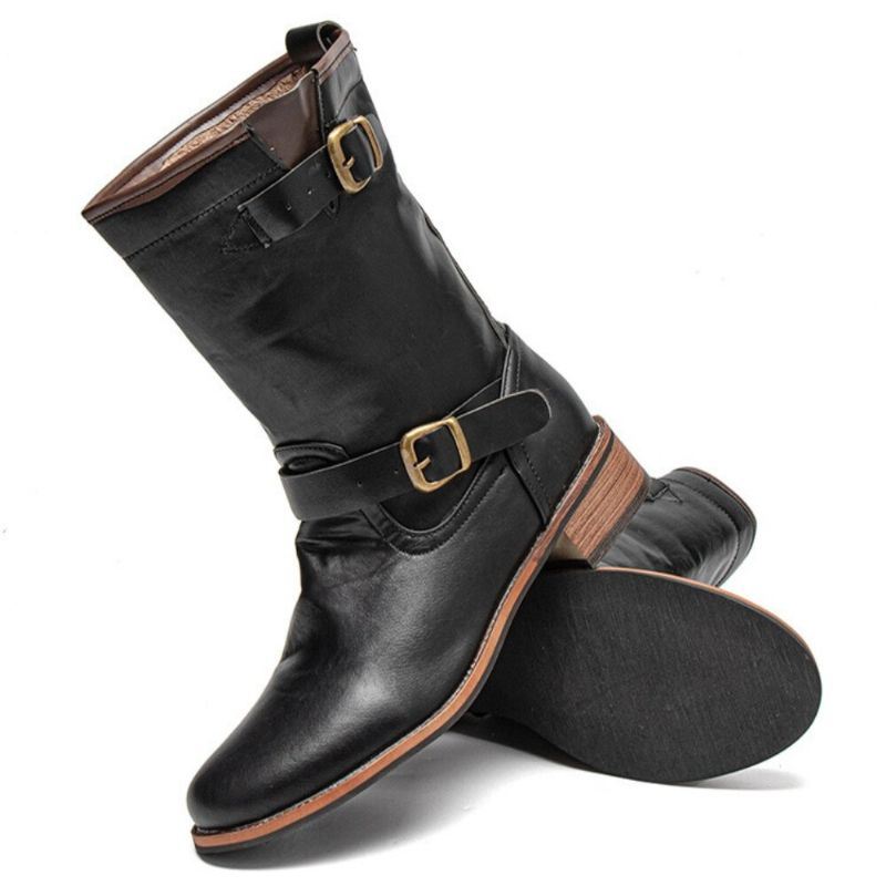 Heren Leren Retro Ronde Neus Antislip Comfy Slip On Solid Casual Martin Boots