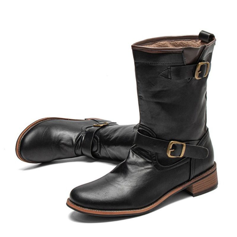 Heren Leren Retro Ronde Neus Antislip Comfy Slip On Solid Casual Martin Boots