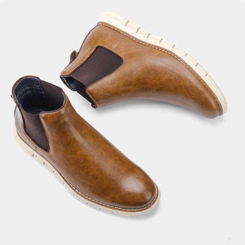 Heren Leren Zachte Zool Ronde Neus Slip On Trendy Chelsea Casual Laarzen