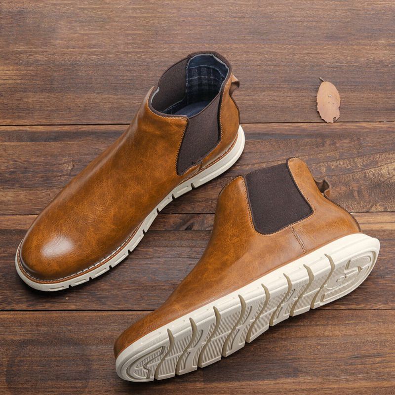 Heren Leren Zachte Zool Ronde Neus Slip On Trendy Chelsea Casual Laarzen