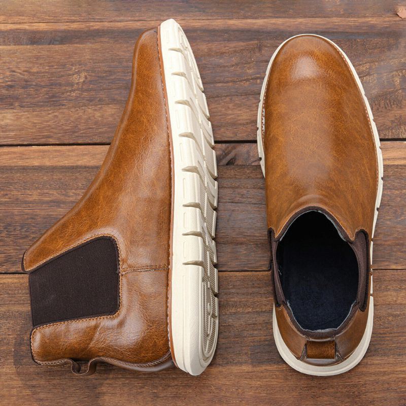 Heren Leren Zachte Zool Ronde Neus Slip On Trendy Chelsea Casual Laarzen