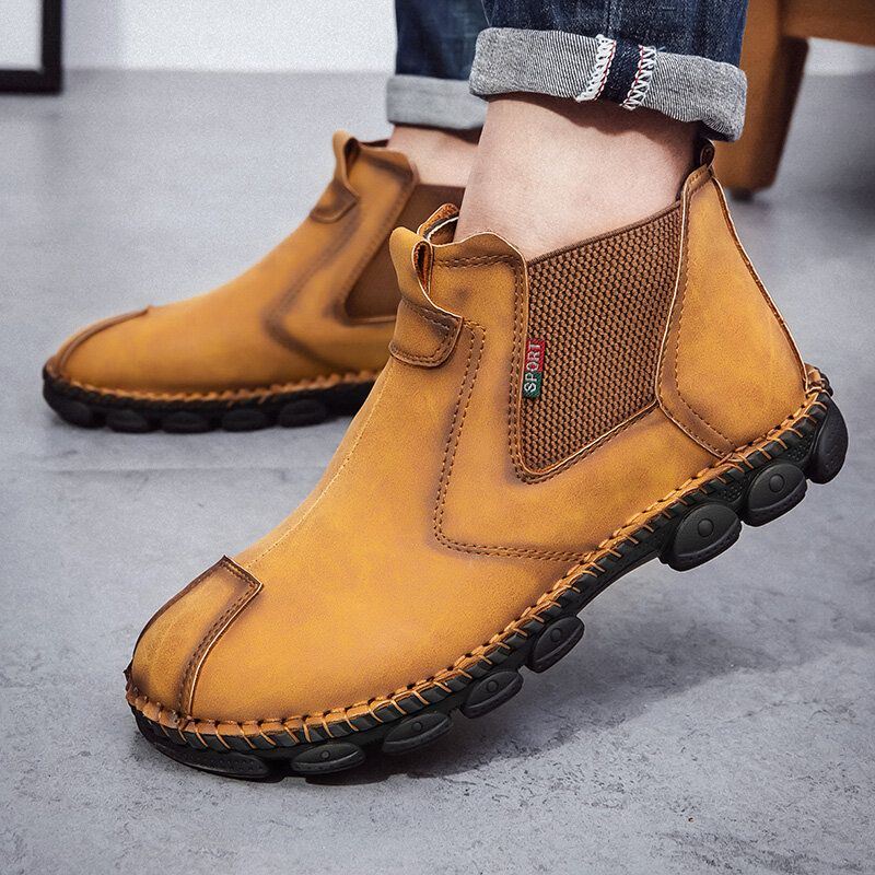 Heren Microfiber Leer Comfortabele Zachte Zool Elastische Slip On Handstiksels Chelsea Boots