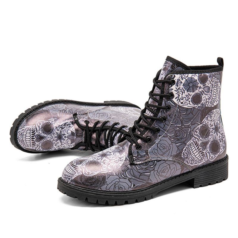 Herenleer Halloween Retro Bloemen Schedelpatroon Dikke Zolen Veterschoenen Zachte Comfy Casual Martin-laarzen