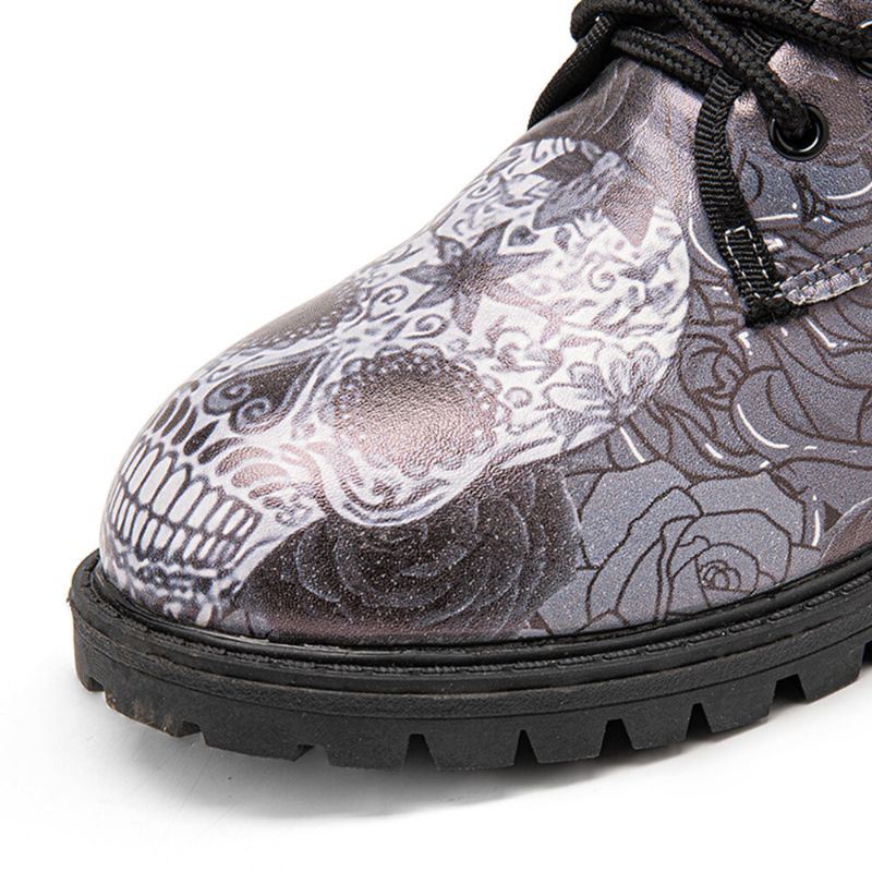 Herenleer Halloween Retro Bloemen Schedelpatroon Dikke Zolen Veterschoenen Zachte Comfy Casual Martin-laarzen