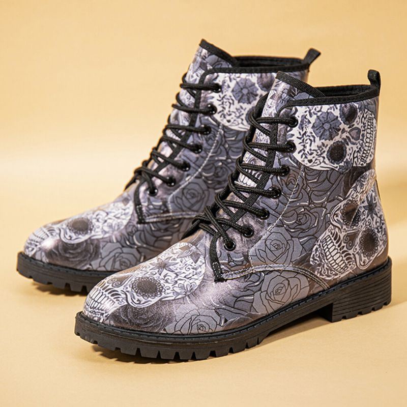 Herenleer Halloween Retro Bloemen Schedelpatroon Dikke Zolen Veterschoenen Zachte Comfy Casual Martin-laarzen