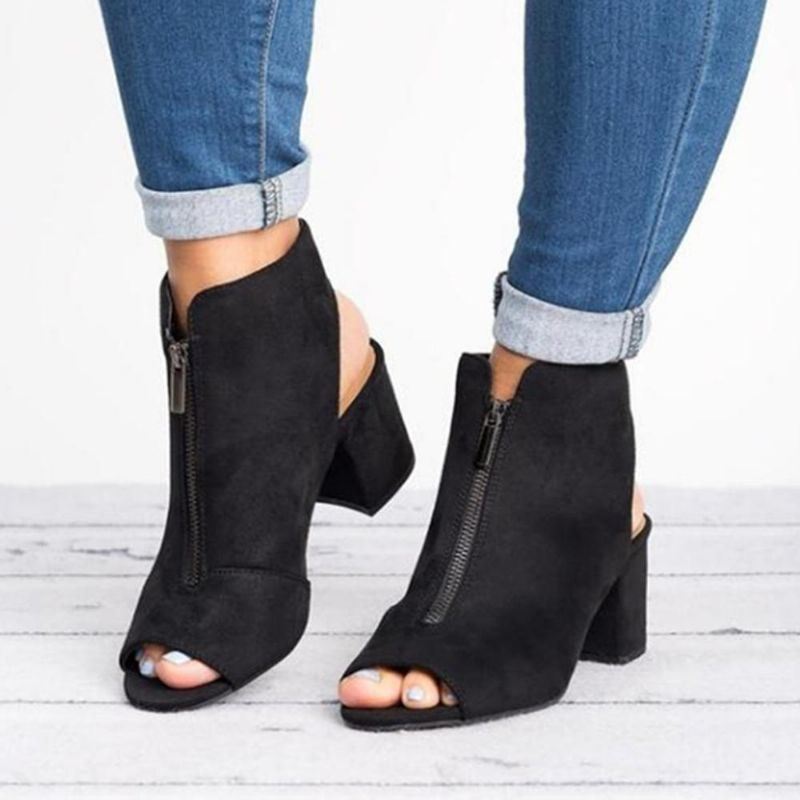 Peep-toe Enkellaarsjes Met Rits Aan De Voorkant Sandalen Met Dikke Hak Pumps