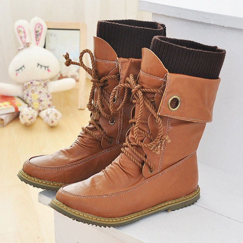 Plus Size Dames Casual Wollen Splicing Lace Up Flat Mid Calf Boots