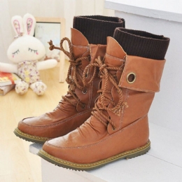 Plus Size Dames Casual Wollen Splicing Lace Up Flat Mid Calf Boots