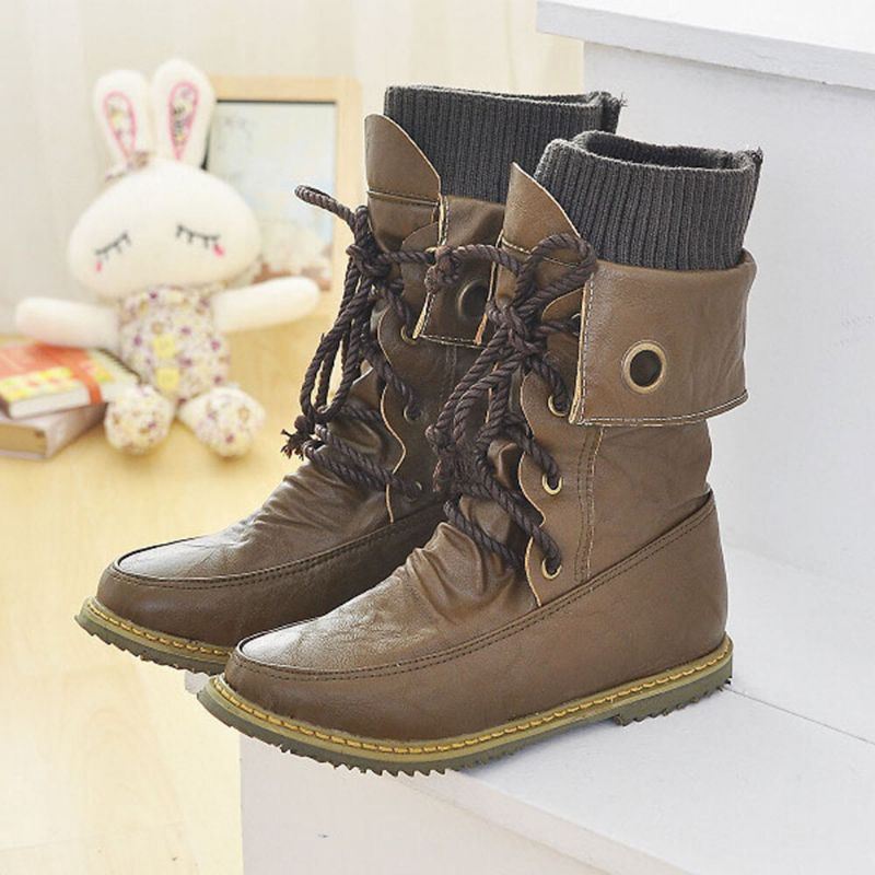 Plus Size Dames Casual Wollen Splicing Lace Up Flat Mid Calf Boots