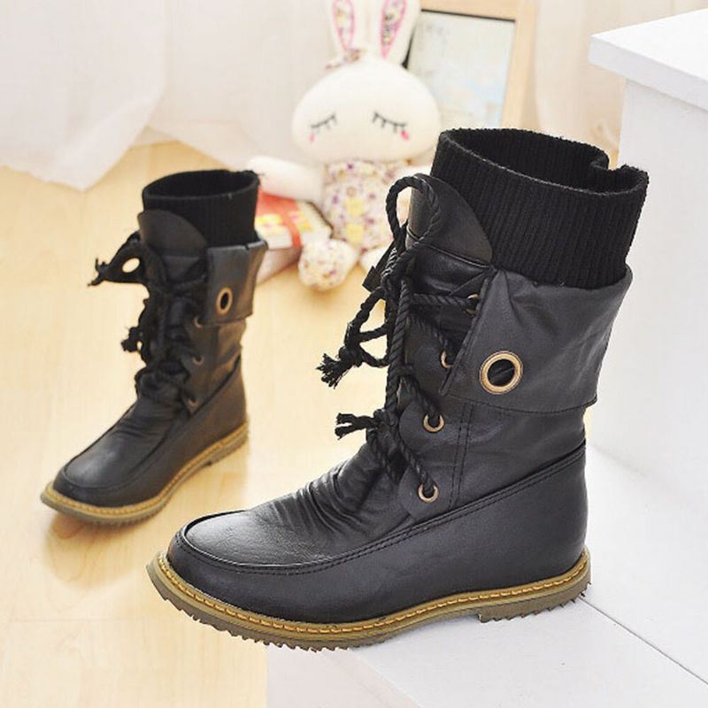 Plus Size Dames Casual Wollen Splicing Lace Up Flat Mid Calf Boots