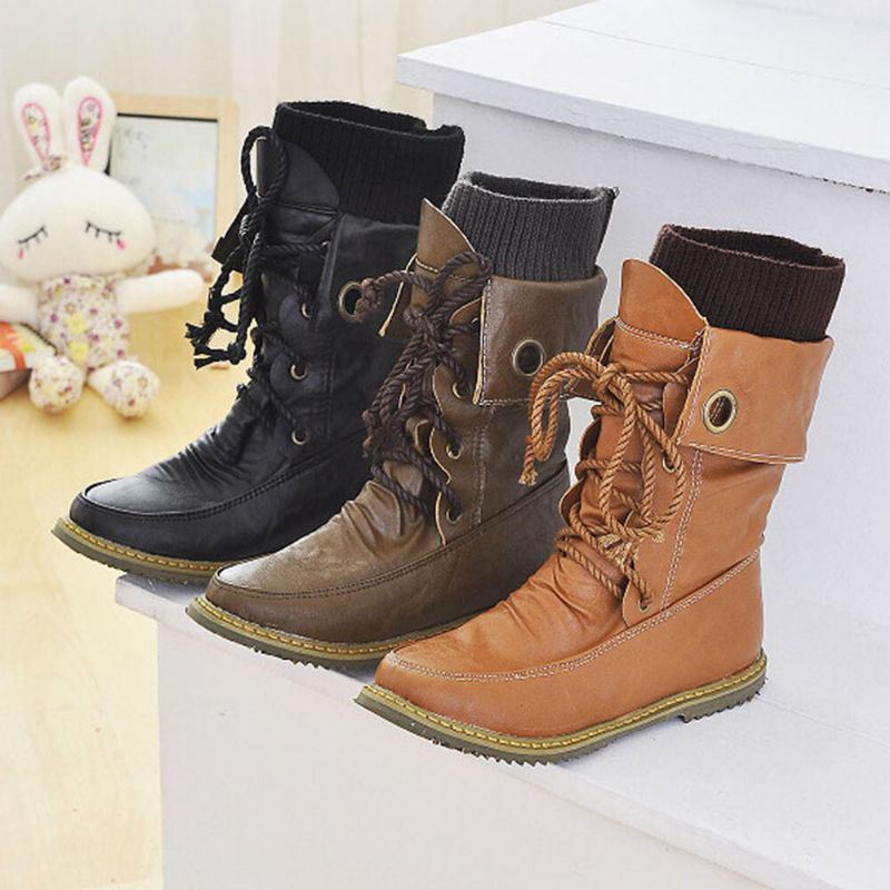 Plus Size Dames Casual Wollen Splicing Lace Up Flat Mid Calf Boots