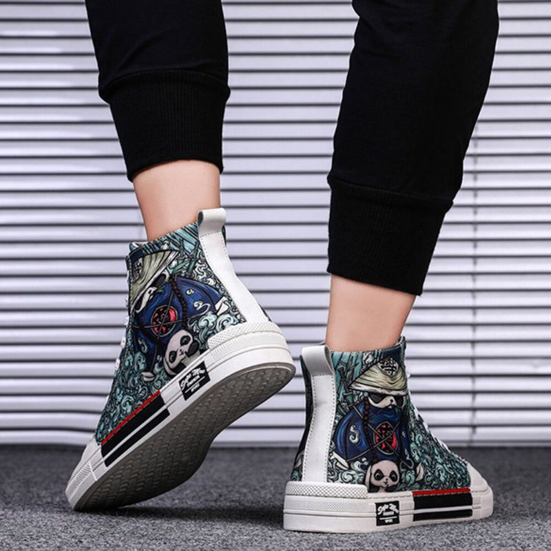 Plus Size Dames Panda Graffiti Comfortabele Skateboard Canvas Laarzen