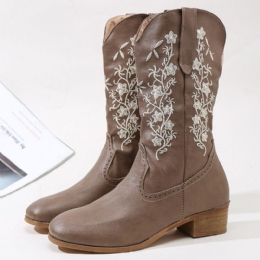 Retro Bloemen Vierkante Teen Slip Op Halfhoge Blokhak Cowboylaarzen Voor Dames