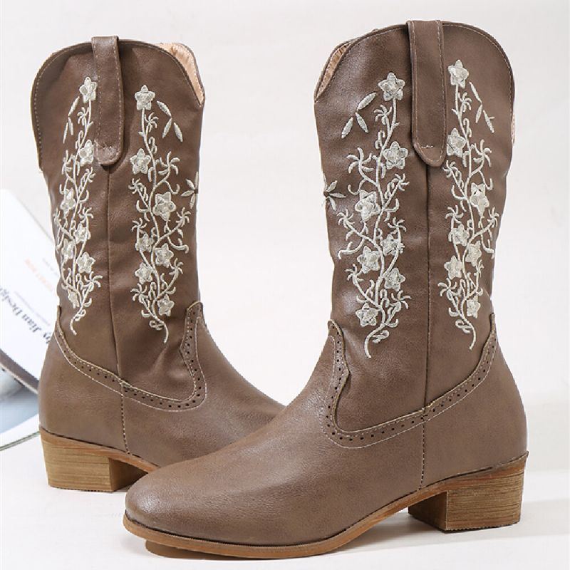 Retro Bloemen Vierkante Teen Slip Op Halfhoge Blokhak Cowboylaarzen Voor Dames