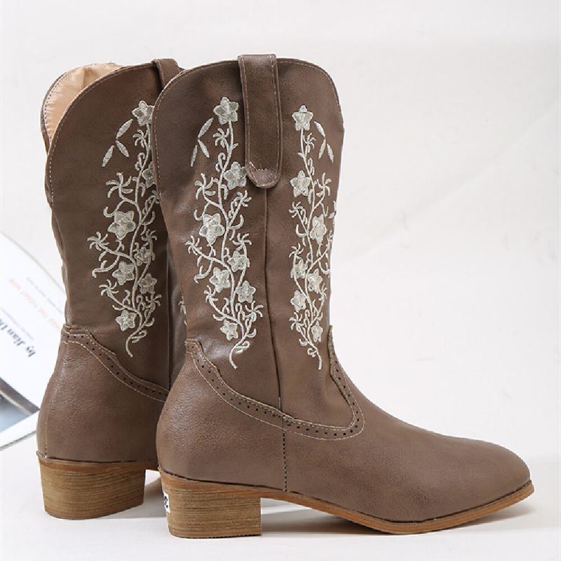 Retro Bloemen Vierkante Teen Slip Op Halfhoge Blokhak Cowboylaarzen Voor Dames