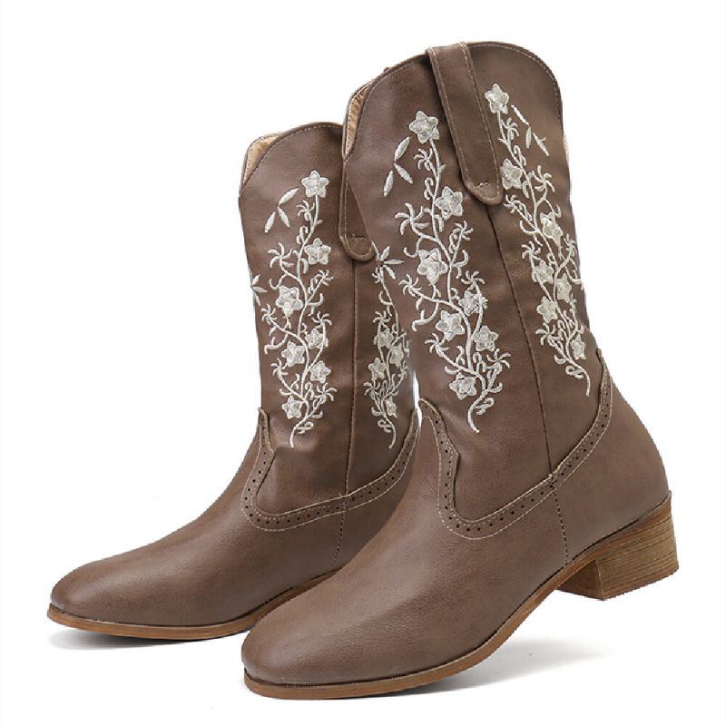 Retro Bloemen Vierkante Teen Slip Op Halfhoge Blokhak Cowboylaarzen Voor Dames