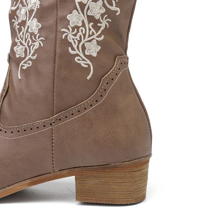 Retro Bloemen Vierkante Teen Slip Op Halfhoge Blokhak Cowboylaarzen Voor Dames