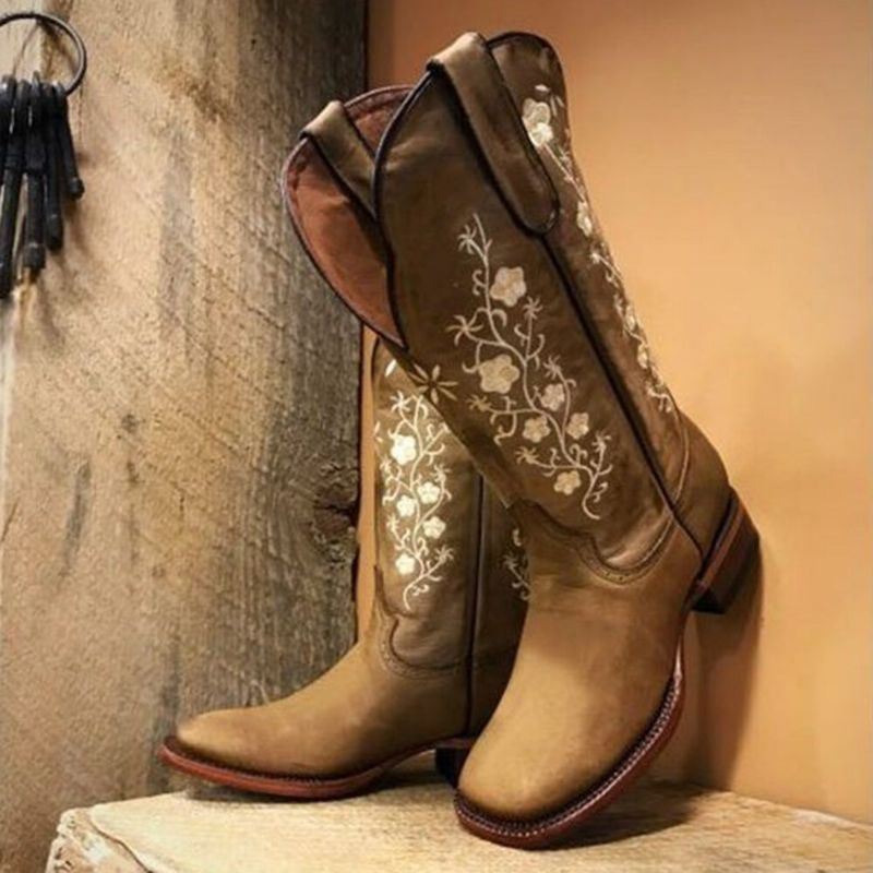 Retro Bloemen Vierkante Teen Slip Op Halfhoge Blokhak Cowboylaarzen Voor Dames