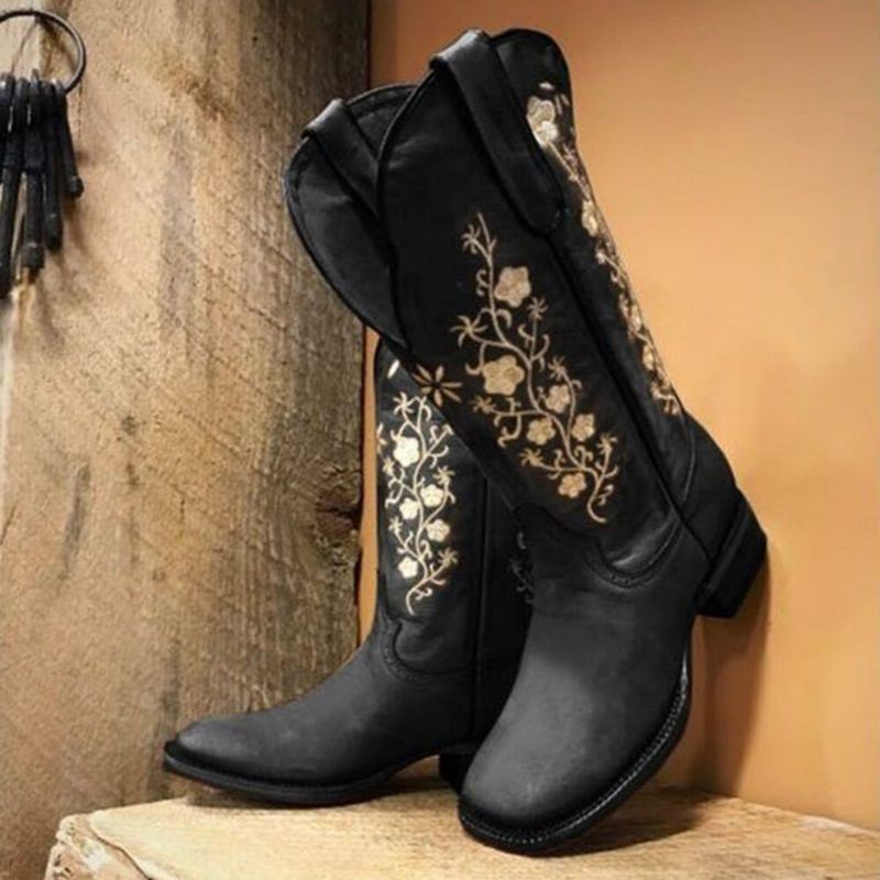 Retro Bloemen Vierkante Teen Slip Op Halfhoge Blokhak Cowboylaarzen Voor Dames