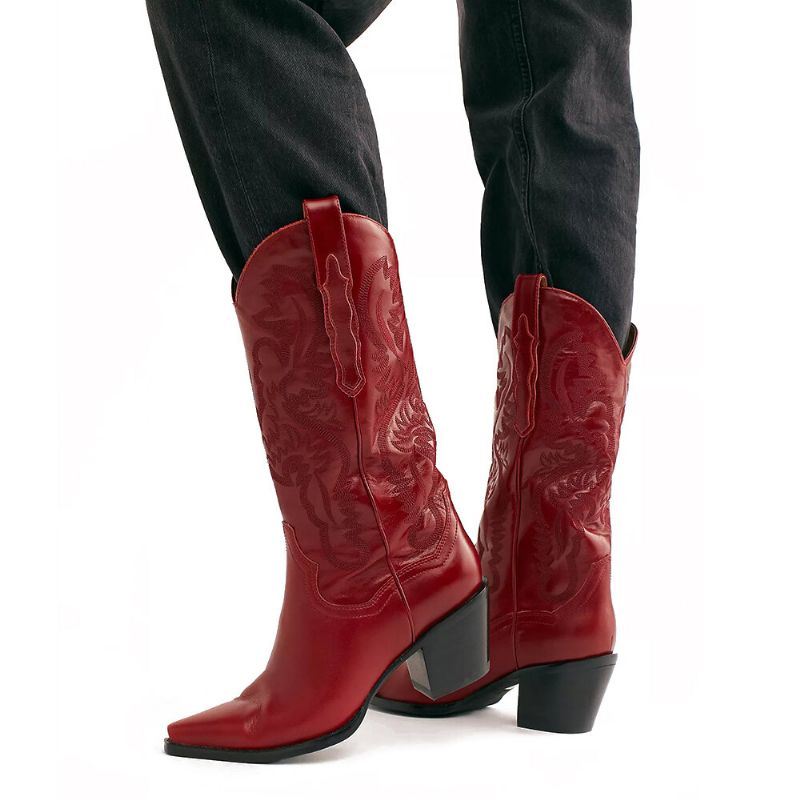 Retro Dames Cowboylaarzen Met Dikke Hak En Halfhoge Hak Met Bloemen