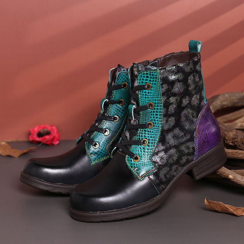 Tradional Splicing Sofy Faux Fur Lace-up Ronde Neus Blokhak Combat Boots