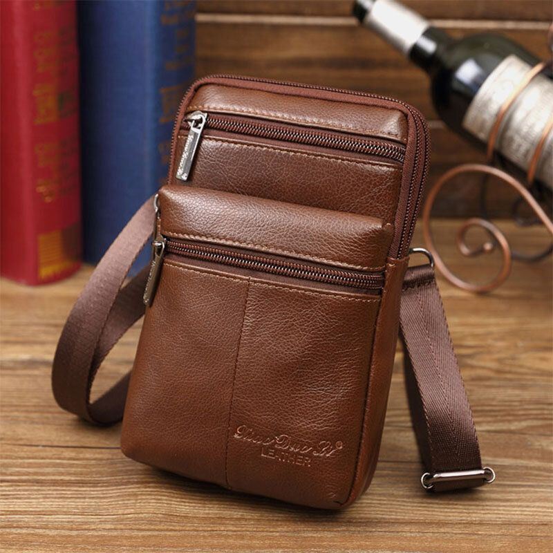 Heren Echt Leer Mini Multifunctionele Messenger 7 Inch Telefoon Tas Heuptas Crossbody Tas