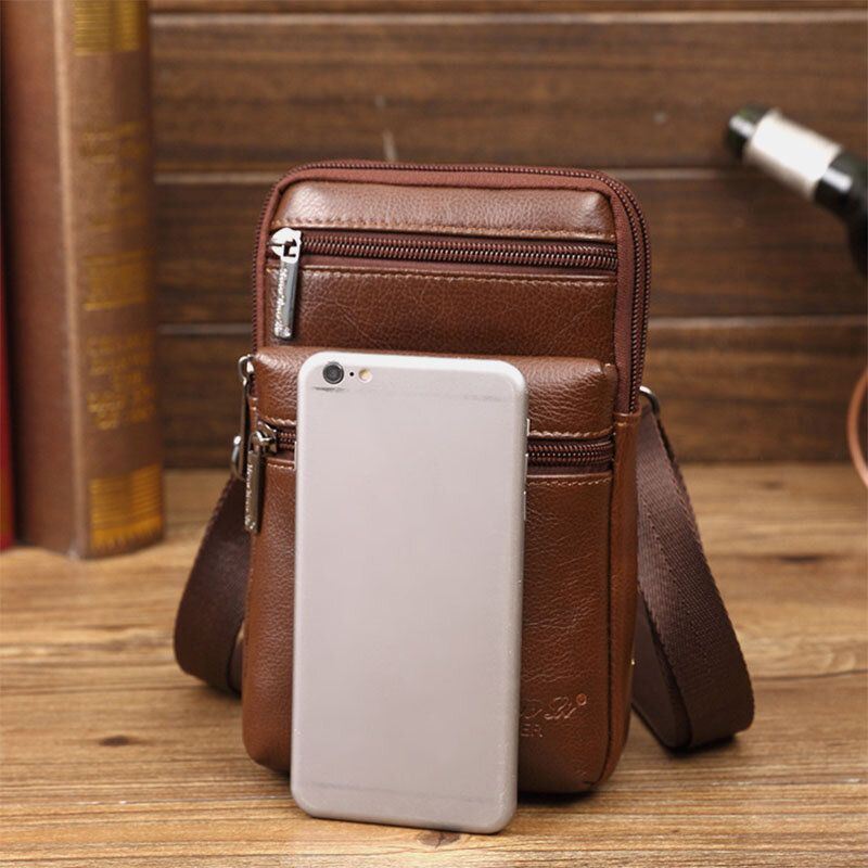 Heren Echt Leer Mini Multifunctionele Messenger 7 Inch Telefoon Tas Heuptas Crossbody Tas