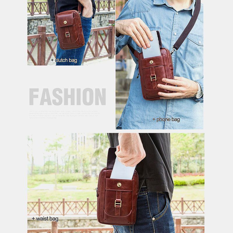 Heren Echt Leer Retro Mode 5.8 Inch Telefoon Tas Multi-carry Crossbody Tas Heuptas: