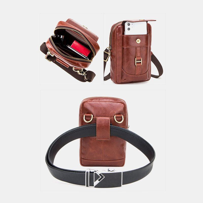 Heren Echt Leer Retro Mode 5.8 Inch Telefoon Tas Multi-carry Crossbody Tas Heuptas: