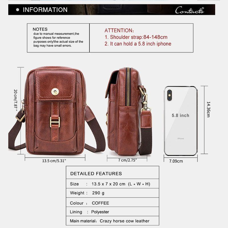 Heren Echt Leer Retro Mode 5.8 Inch Telefoon Tas Multi-carry Crossbody Tas Heuptas: