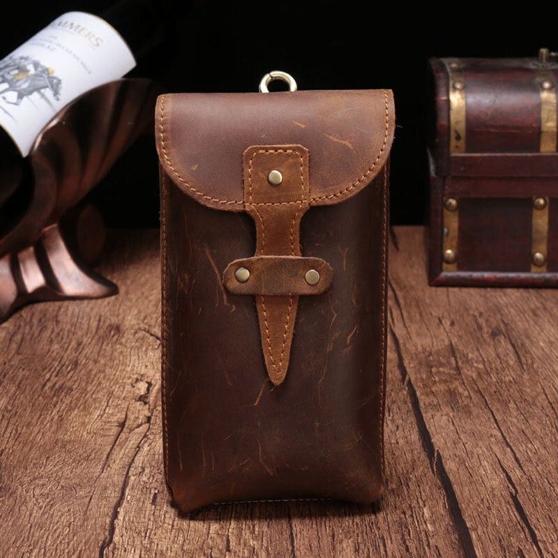 Heren Echt Leer Waterdicht Vintage Casual 5.8 Inch Telefoon Tas Koeienhuid Heuptas Met Haak