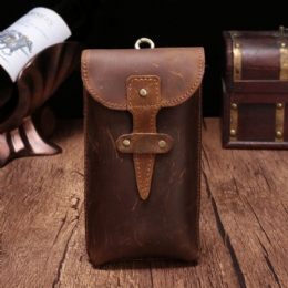 Heren Echt Leer Waterdicht Vintage Casual 5.8 Inch Telefoon Tas Koeienhuid Heuptas Met Haak