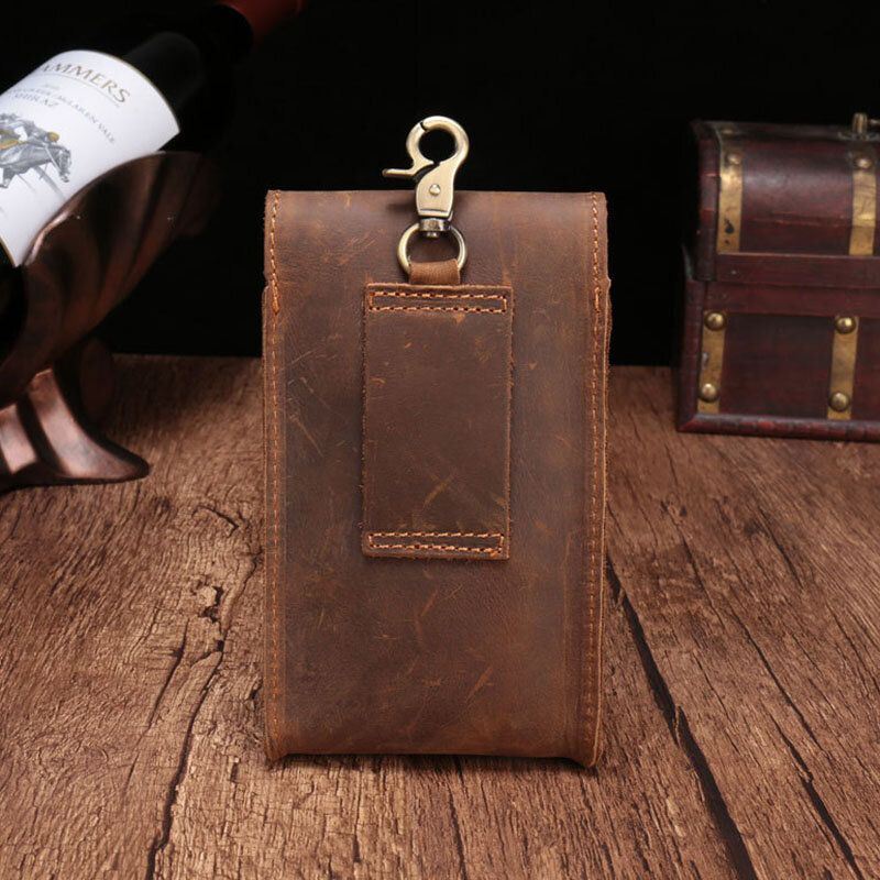 Heren Echt Leer Waterdicht Vintage Casual 5.8 Inch Telefoon Tas Koeienhuid Heuptas Met Haak