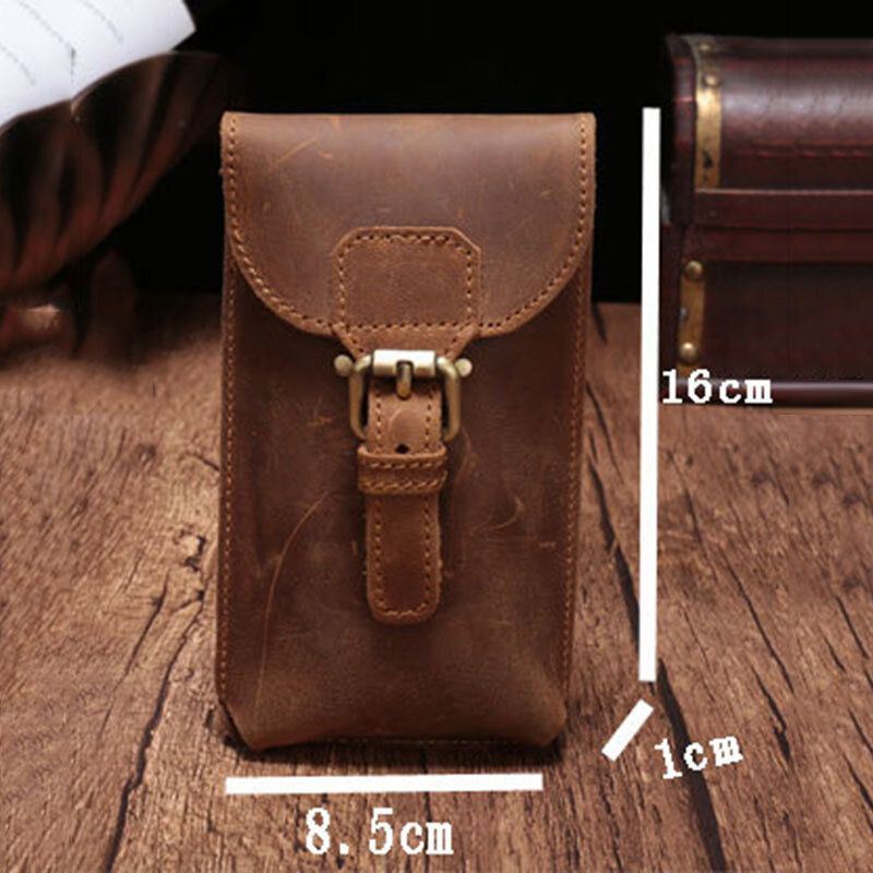 Heren Echt Leer Waterdicht Vintage Casual 5.8 Inch Telefoon Tas Koeienhuid Heuptas Met Haak