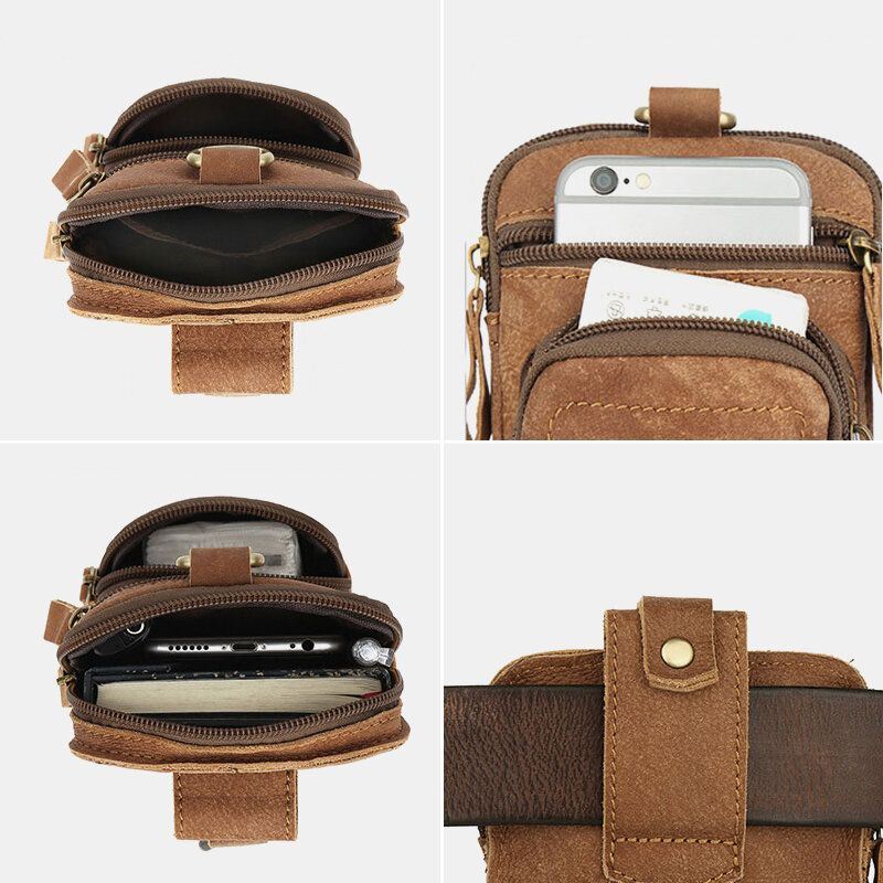 Heren Lederen Multi-pocket Belt Bag Retro 6.5 Inch Telefoon Tas Heuptas Met Haak