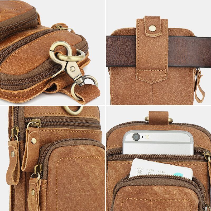 Heren Lederen Multi-pocket Belt Bag Retro 6.5 Inch Telefoon Tas Heuptas Met Haak