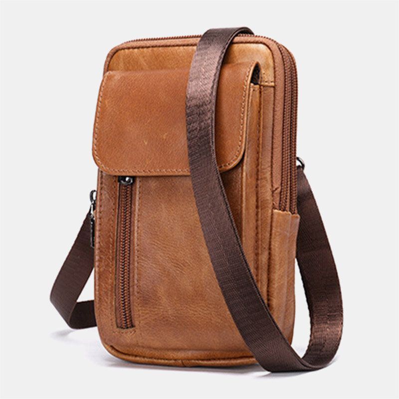 Heren Retro Dubbellaags Koeienhuid Heuptas Casual Slijtvaste 6.5 Inch Telefoon Tas Heuptas Crossbody Tas Schoudertas