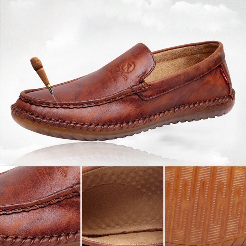 Heren Antislip Casual Hand Stiksels Lederen Zachte Zool Wandelen Oxfords