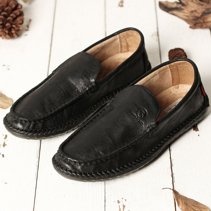 Heren Antislip Casual Hand Stiksels Lederen Zachte Zool Wandelen Oxfords